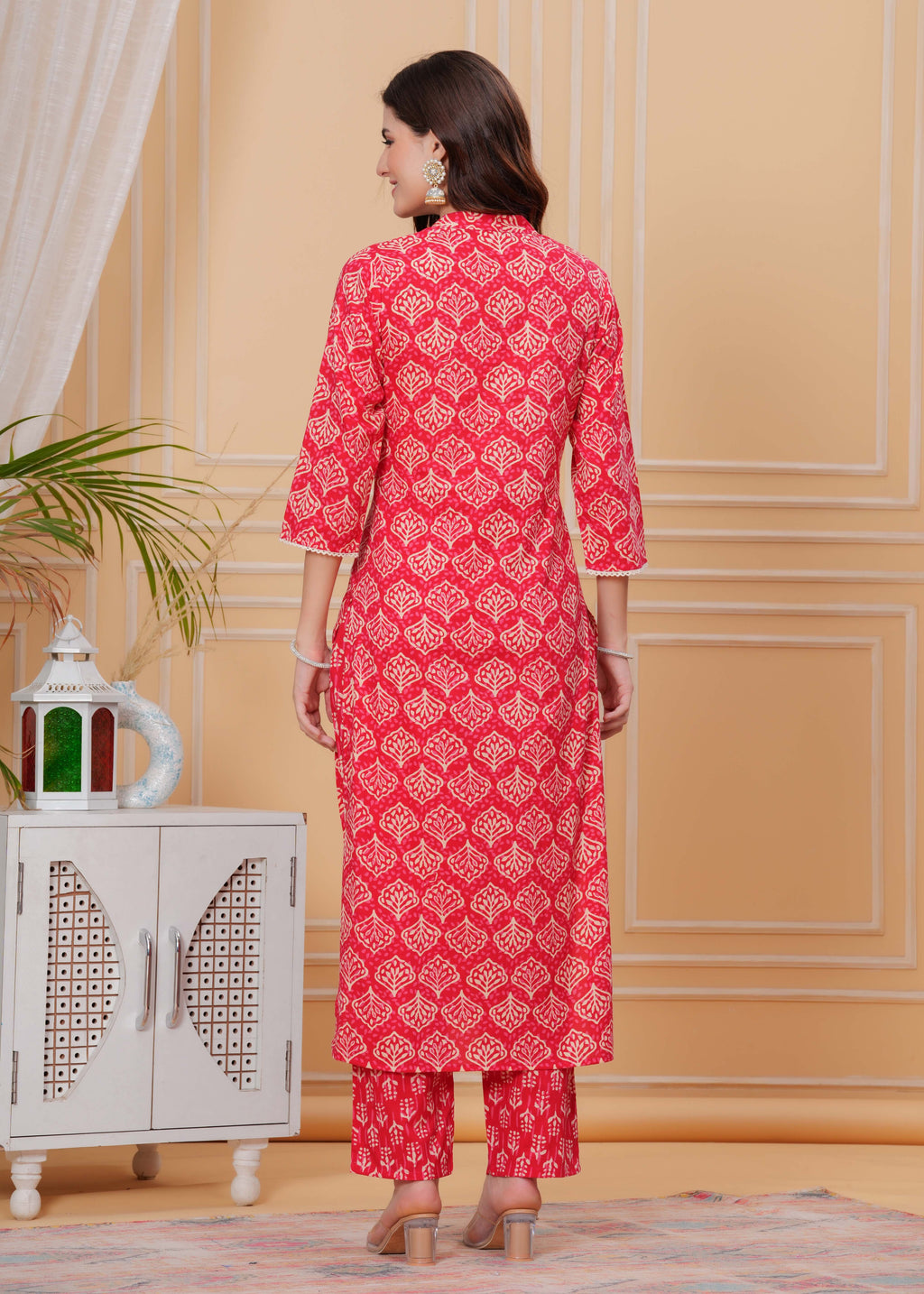 Red Pure Cotton Floral Mandarin Collar Straight Kurta & Pant For Women Mizaz Jaipur