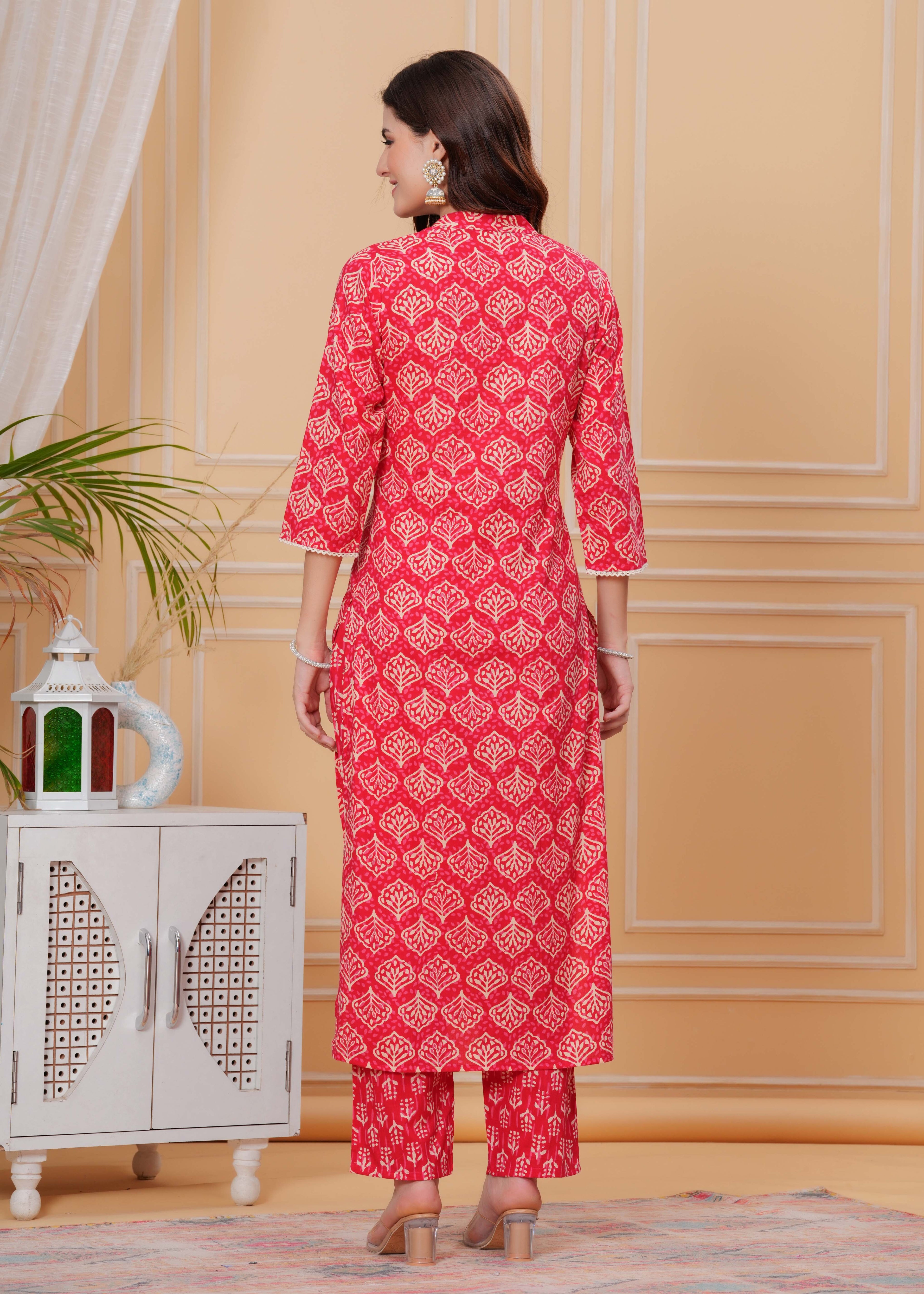 Red Pure Cotton Floral Mandarin Collar Straight Kurta & Pant For Women Mizaz Jaipur