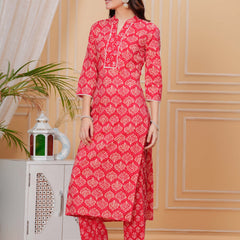 Red Pure Cotton Floral Mandarin Collar Straight Kurta & Pant For Women Mizaz Jaipur