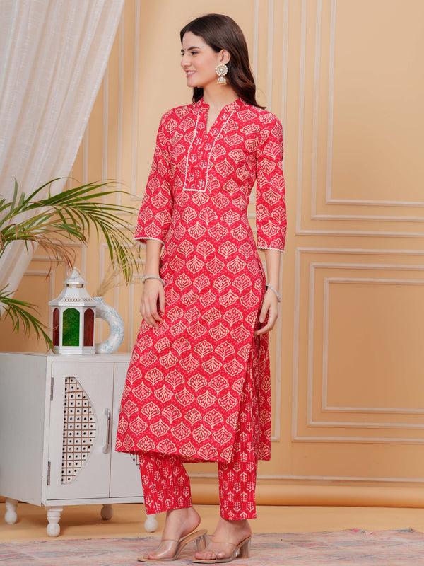 Red Pure Cotton Floral Mandarin Collar Straight Kurta & Pant For Women Mizaz Jaipur