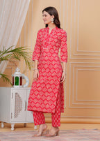Red Pure Cotton Floral Mandarin Collar Straight Kurta & Pant For Women Mizaz Jaipur