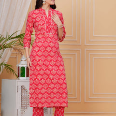Red Pure Cotton Floral Mandarin Collar Straight Kurta & Pant For Women Mizaz Jaipur
