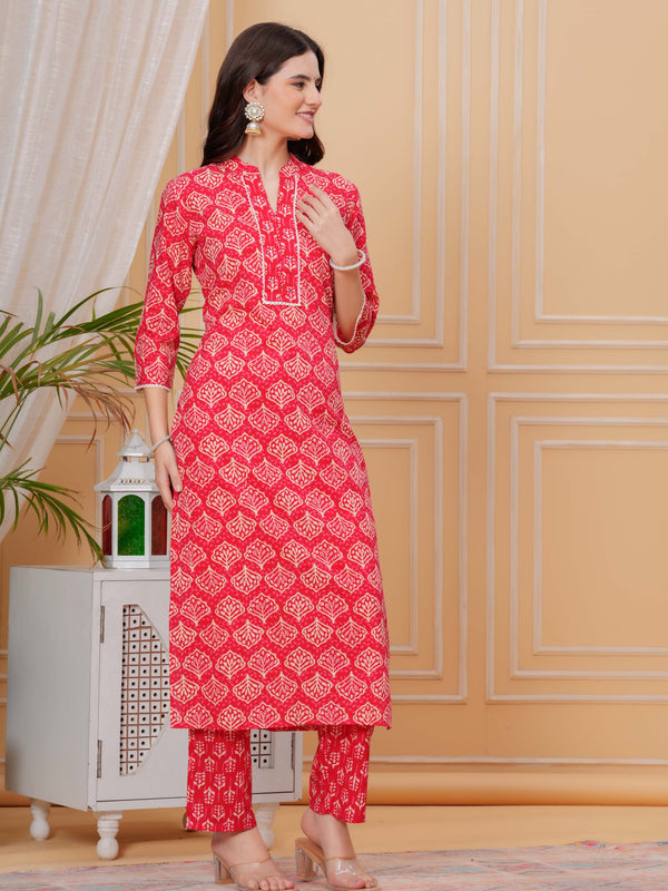 Red Pure Cotton Floral Mandarin Collar Straight Kurta & Pant For Women Mizaz Jaipur