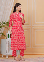 Red Pure Cotton Floral Mandarin Collar Straight Kurta & Pant For Women Mizaz Jaipur