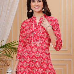 Red Pure Cotton Floral Mandarin Collar Straight Kurta & Pant For Women Mizaz Jaipur