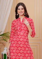 Red Pure Cotton Floral Mandarin Collar Straight Kurta & Pant For Women Mizaz Jaipur