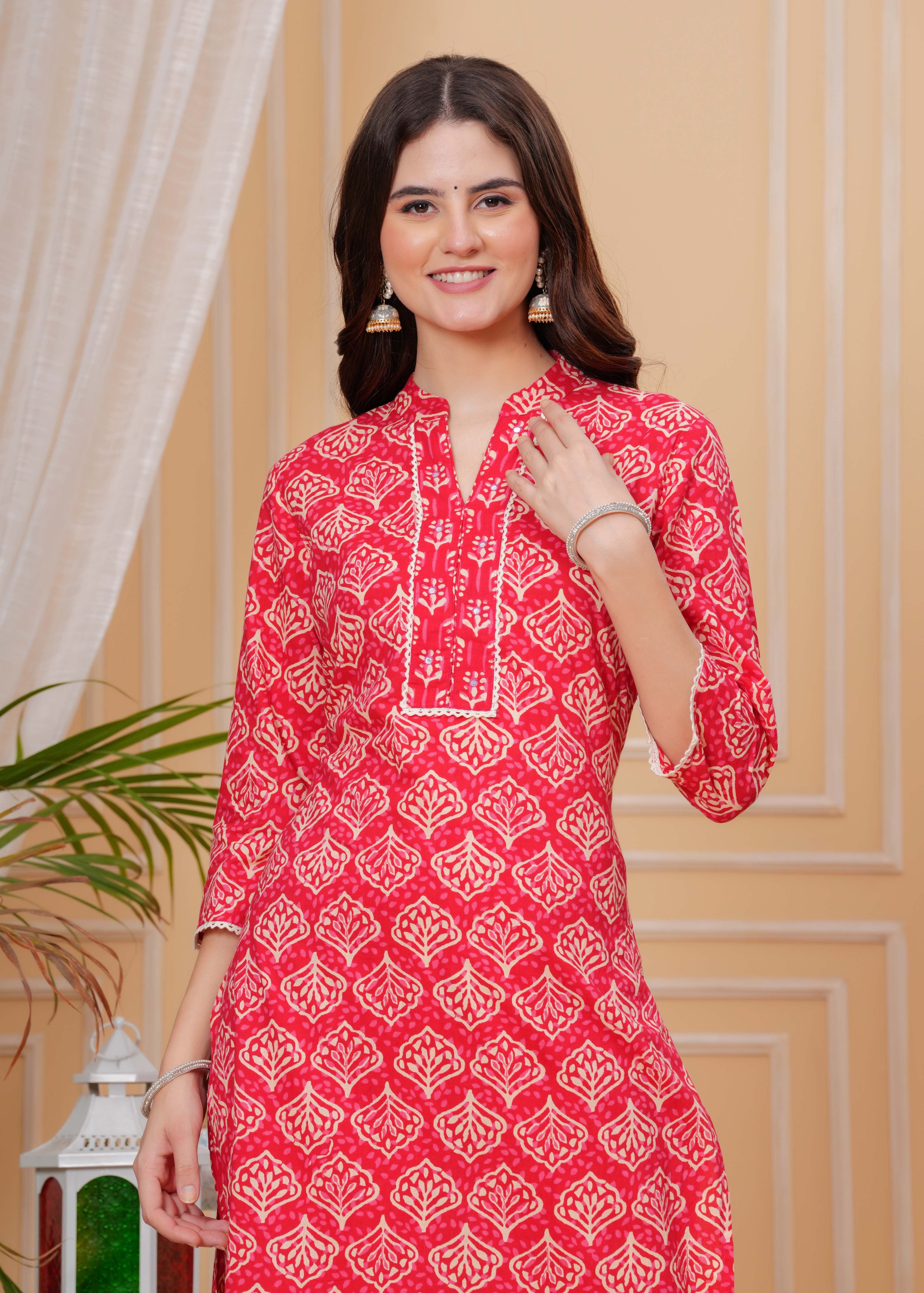 Red Pure Cotton Floral Mandarin Collar Straight Kurta & Pant For Women Mizaz Jaipur