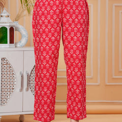 Red Pure Cotton Floral Mandarin Collar Straight Kurta & Pant For Women Mizaz Jaipur