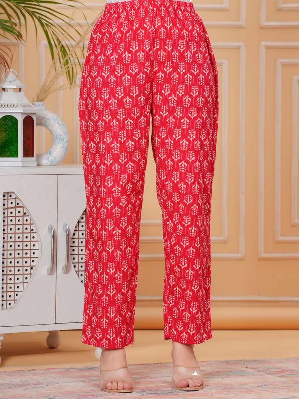 Red Pure Cotton Floral Mandarin Collar Straight Kurta & Pant For Women Mizaz Jaipur