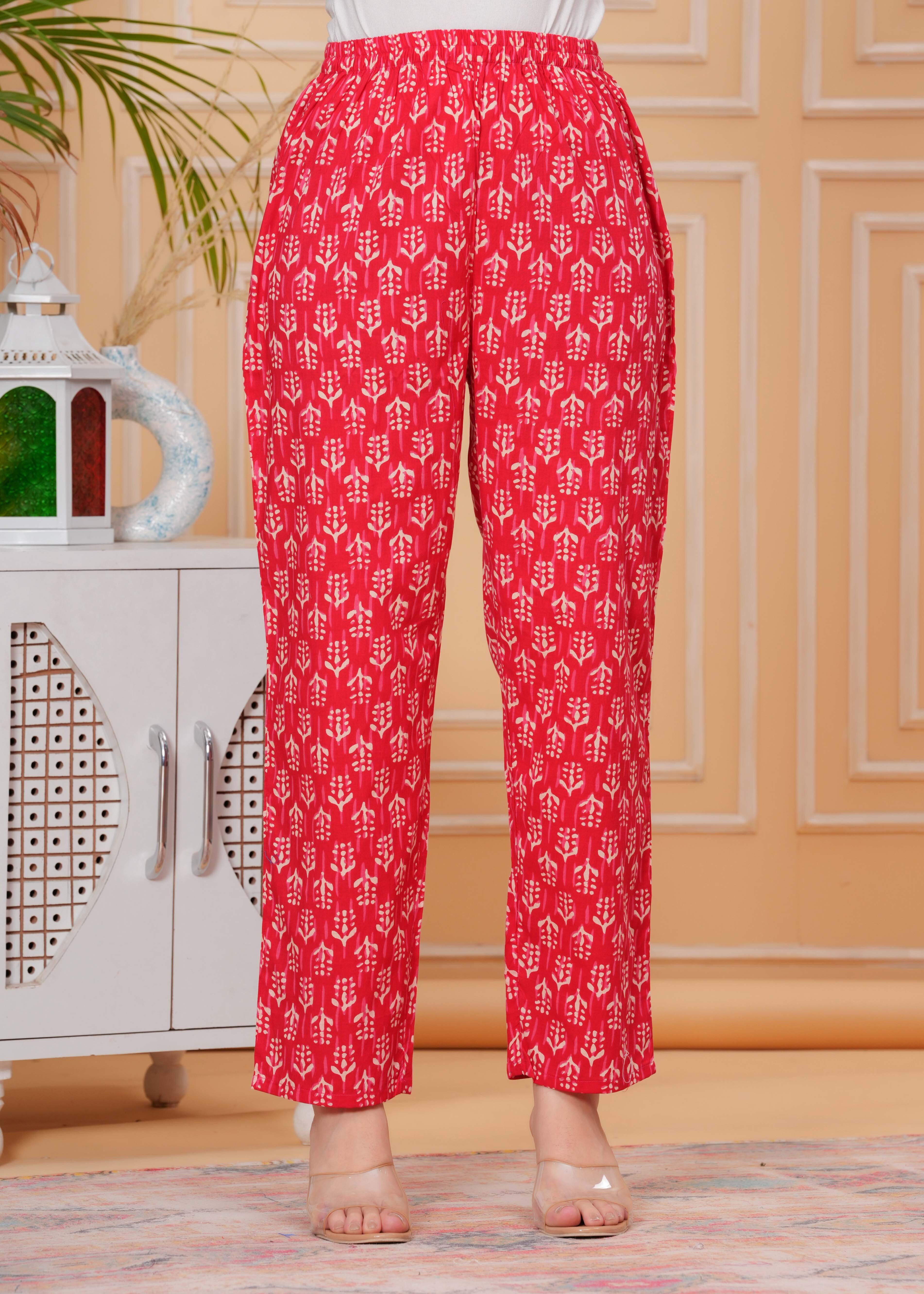 Red Pure Cotton Floral Mandarin Collar Straight Kurta & Pant For Women Mizaz Jaipur