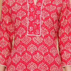 Red Pure Cotton Floral Mandarin Collar Straight Kurta & Pant For Women Mizaz Jaipur
