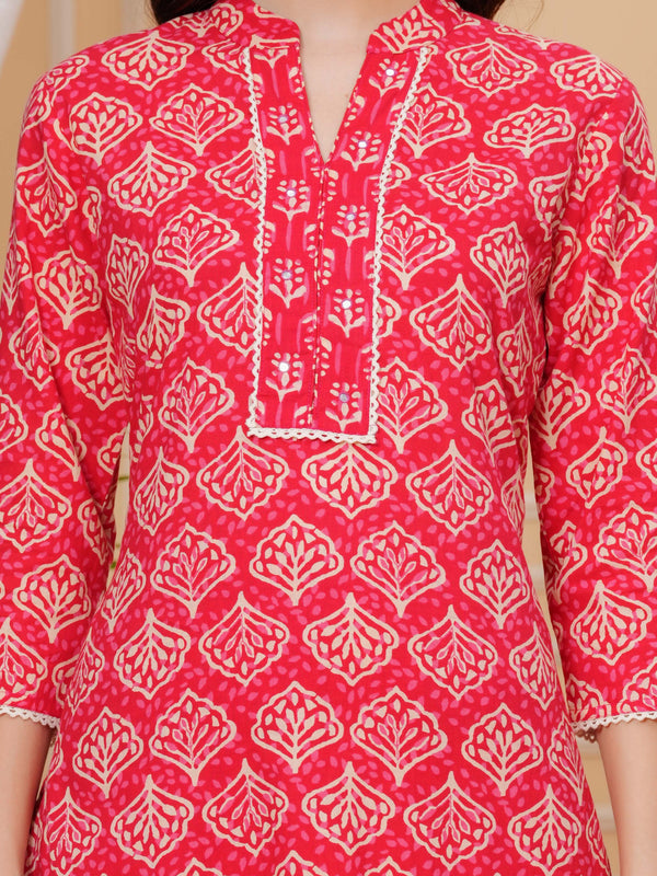 Red Pure Cotton Floral Mandarin Collar Straight Kurta & Pant For Women Mizaz Jaipur