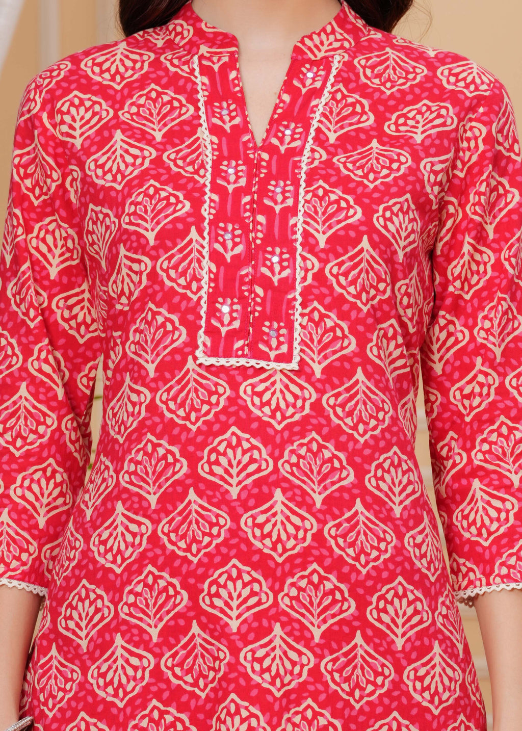 Red Pure Cotton Floral Mandarin Collar Straight Kurta & Pant For Women Mizaz Jaipur