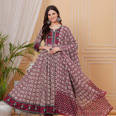 Maroon Pure Cotton Floral Round Neck Flared Kurta, Pant & Dupatta Set For Women Mizaz Jaipur