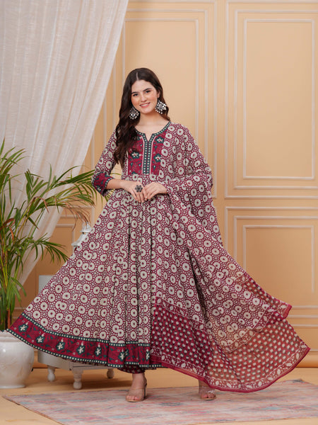 Maroon Pure Cotton Floral Round Neck Flared Kurta, Pant & Dupatta Set For Women Mizaz Jaipur
