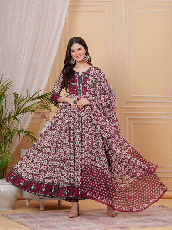 Maroon Pure Cotton Floral Round Neck Flared Kurta, Pant & Dupatta Set For Women Mizaz Jaipur