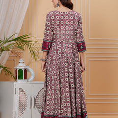 Maroon Pure Cotton Floral Round Neck Flared Kurta, Pant & Dupatta Set For Women Mizaz Jaipur