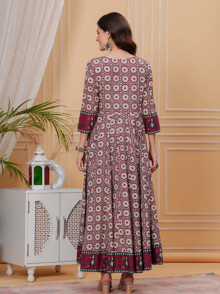 Maroon Pure Cotton Floral Round Neck Flared Kurta, Pant & Dupatta Set For Women Mizaz Jaipur