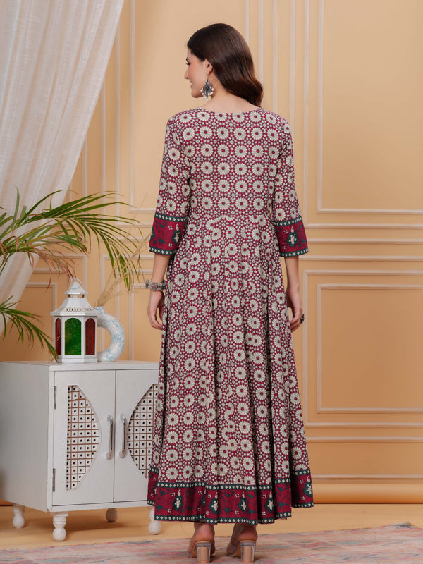 Maroon Pure Cotton Floral Round Neck Flared Kurta, Pant & Dupatta Set For Women Mizaz Jaipur