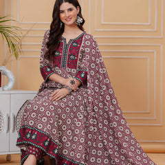 Maroon Pure Cotton Floral Round Neck Flared Kurta, Pant & Dupatta Set For Women Mizaz Jaipur