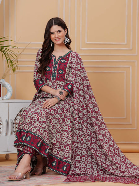 Maroon Pure Cotton Floral Round Neck Flared Kurta, Pant & Dupatta Set For Women Mizaz Jaipur