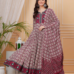 Maroon Pure Cotton Floral Round Neck Flared Kurta, Pant & Dupatta Set For Women Mizaz Jaipur