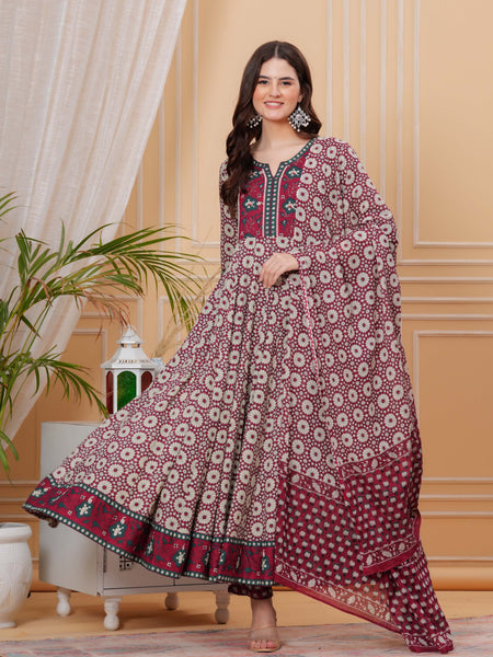Maroon Pure Cotton Floral Round Neck Flared Kurta, Pant & Dupatta Set For Women Mizaz Jaipur