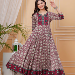 Maroon Pure Cotton Floral Round Neck Flared Kurta, Pant & Dupatta Set For Women Mizaz Jaipur