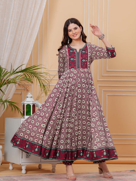 Maroon Pure Cotton Floral Round Neck Flared Kurta, Pant & Dupatta Set For Women Mizaz Jaipur