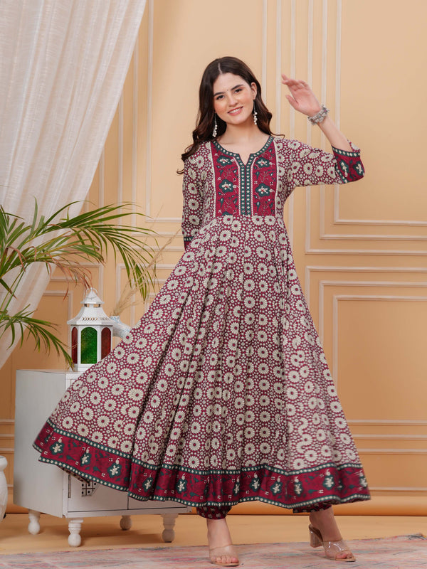 Maroon Pure Cotton Floral Round Neck Flared Kurta, Pant & Dupatta Set For Women Mizaz Jaipur