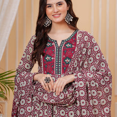 Maroon Pure Cotton Floral Round Neck Flared Kurta, Pant & Dupatta Set For Women Mizaz Jaipur