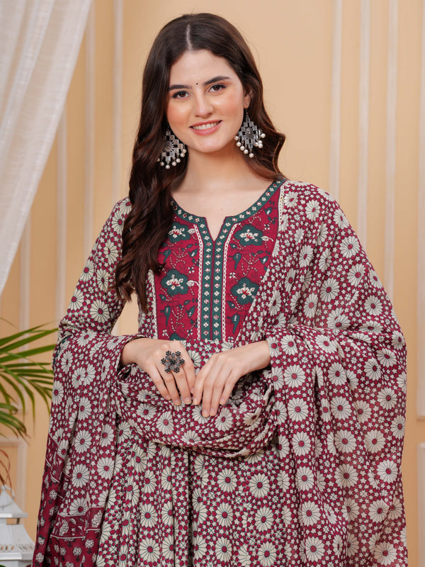 Maroon Pure Cotton Floral Round Neck Flared Kurta, Pant & Dupatta Set For Women Mizaz Jaipur