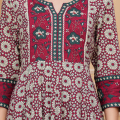 Maroon Pure Cotton Floral Round Neck Flared Kurta, Pant & Dupatta Set For Women Mizaz Jaipur
