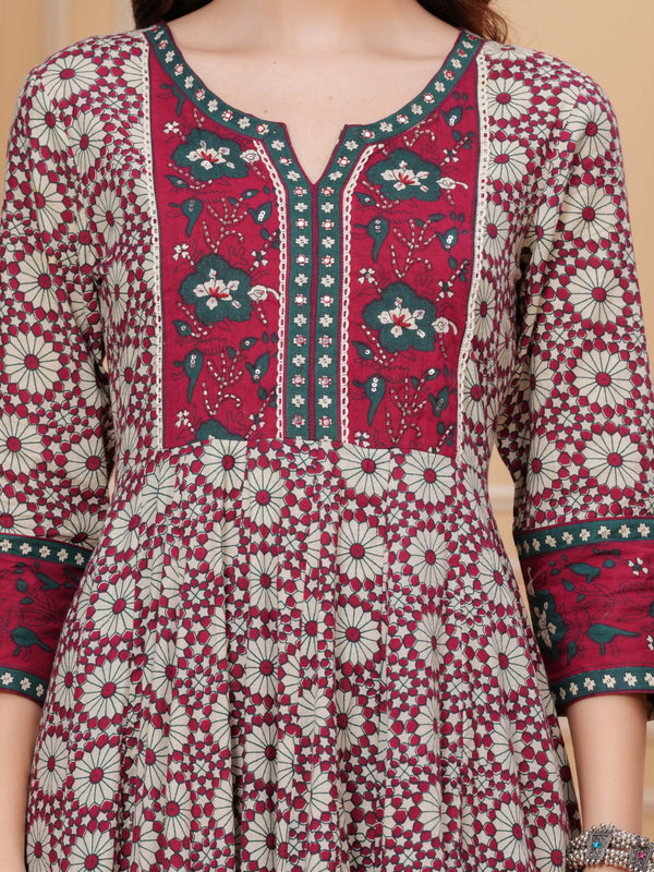Maroon Pure Cotton Floral Round Neck Flared Kurta, Pant & Dupatta Set For Women Mizaz Jaipur