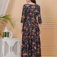 Berry Blue Pure Cotton Floral Round Neck Flared Kurta, Pant & Dupatta Set For Women Mizazjaipur