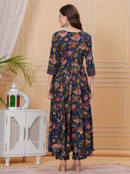 Berry Blue Pure Cotton Floral Round Neck Flared Kurta, Pant & Dupatta Set For Women Mizazjaipur