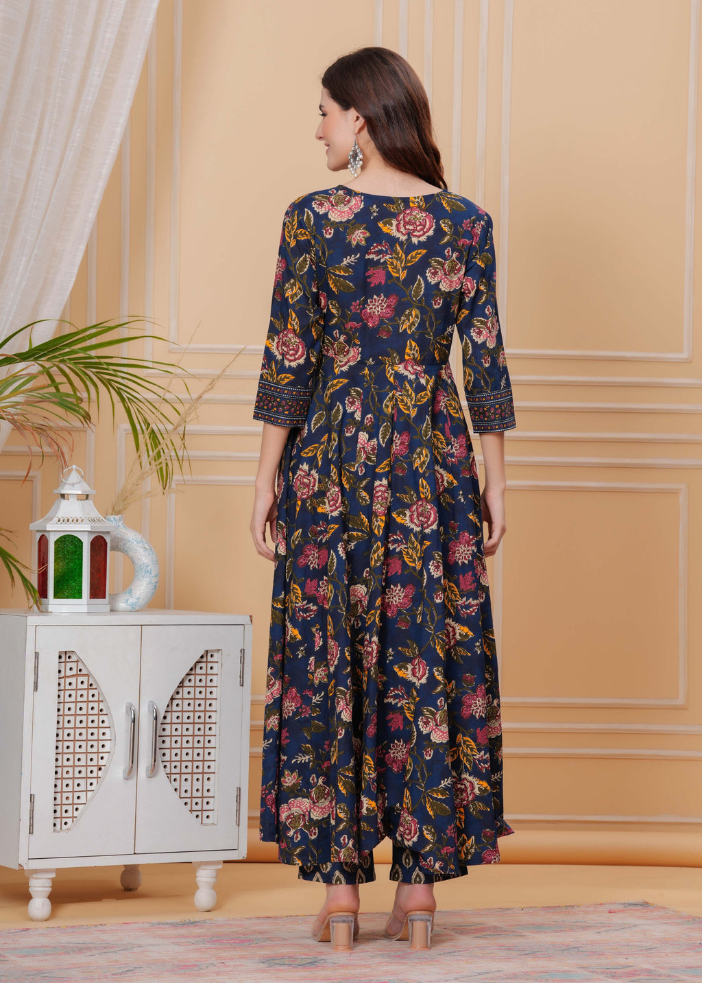 Berry Blue Pure Cotton Floral Round Neck Flared Kurta, Pant & Dupatta Set For Women Mizazjaipur