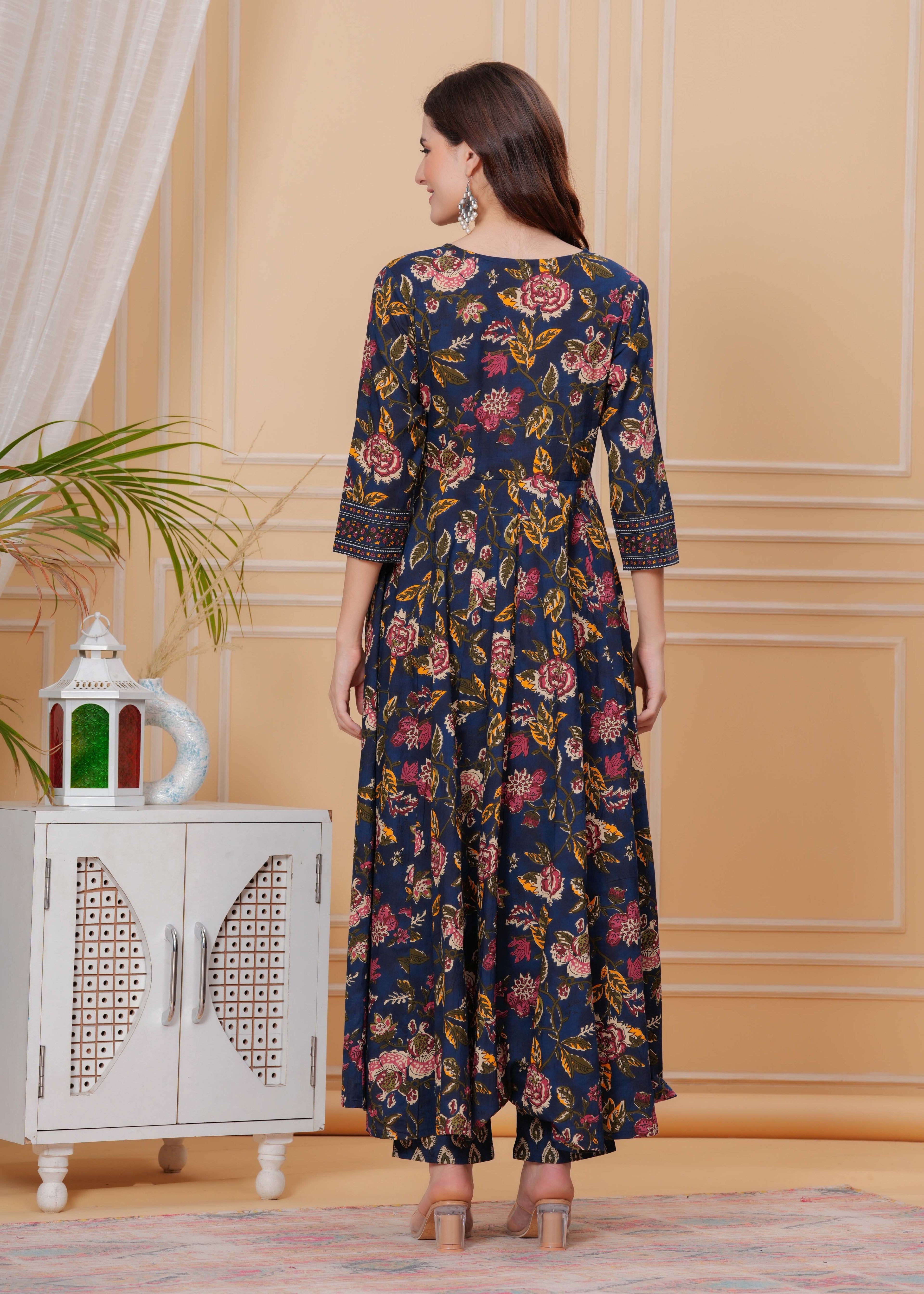 Berry Blue Pure Cotton Floral Round Neck Flared Kurta, Pant & Dupatta Set For Women Mizazjaipur