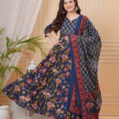 Berry Blue Pure Cotton Floral Round Neck Flared Kurta, Pant & Dupatta Set For Women Mizazjaipur