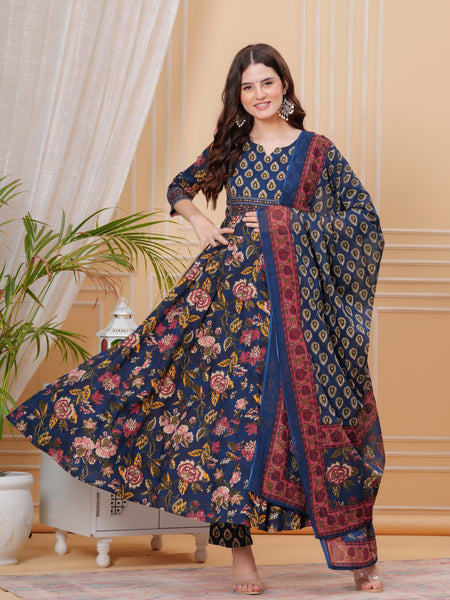 Berry Blue Pure Cotton Floral Round Neck Flared Kurta, Pant & Dupatta Set For Women Mizazjaipur