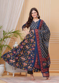 Berry Blue Pure Cotton Floral Round Neck Flared Kurta, Pant & Dupatta Set For Women Mizazjaipur