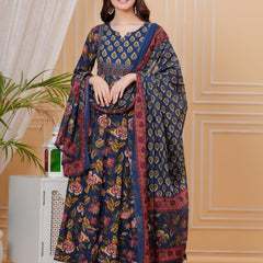 Berry Blue Pure Cotton Floral Round Neck Flared Kurta, Pant & Dupatta Set For Women Mizazjaipur