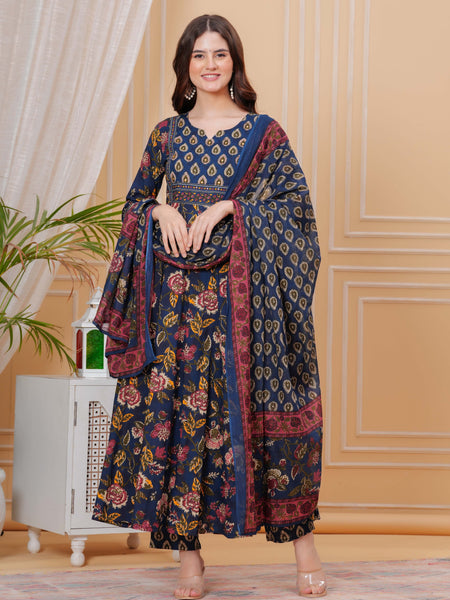 Berry Blue Pure Cotton Floral Round Neck Flared Kurta, Pant & Dupatta Set For Women Mizazjaipur