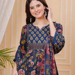 Berry Blue Pure Cotton Floral Round Neck Flared Kurta, Pant & Dupatta Set For Women Mizazjaipur