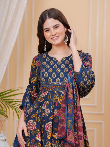 Berry Blue Pure Cotton Floral Round Neck Flared Kurta, Pant & Dupatta Set For Women Mizazjaipur