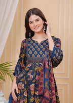 Berry Blue Pure Cotton Floral Round Neck Flared Kurta, Pant & Dupatta Set For Women Mizazjaipur