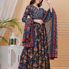 Berry Blue Pure Cotton Floral Round Neck Flared Kurta, Pant & Dupatta Set For Women Mizazjaipur