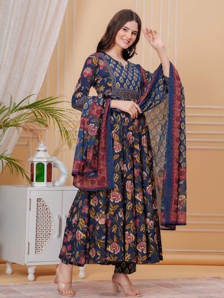 Berry Blue Pure Cotton Floral Round Neck Flared Kurta, Pant & Dupatta Set For Women Mizazjaipur