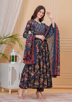 Berry Blue Pure Cotton Floral Round Neck Flared Kurta, Pant & Dupatta Set For Women Mizazjaipur