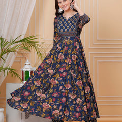Berry Blue Pure Cotton Floral Round Neck Flared Kurta, Pant & Dupatta Set For Women Mizazjaipur